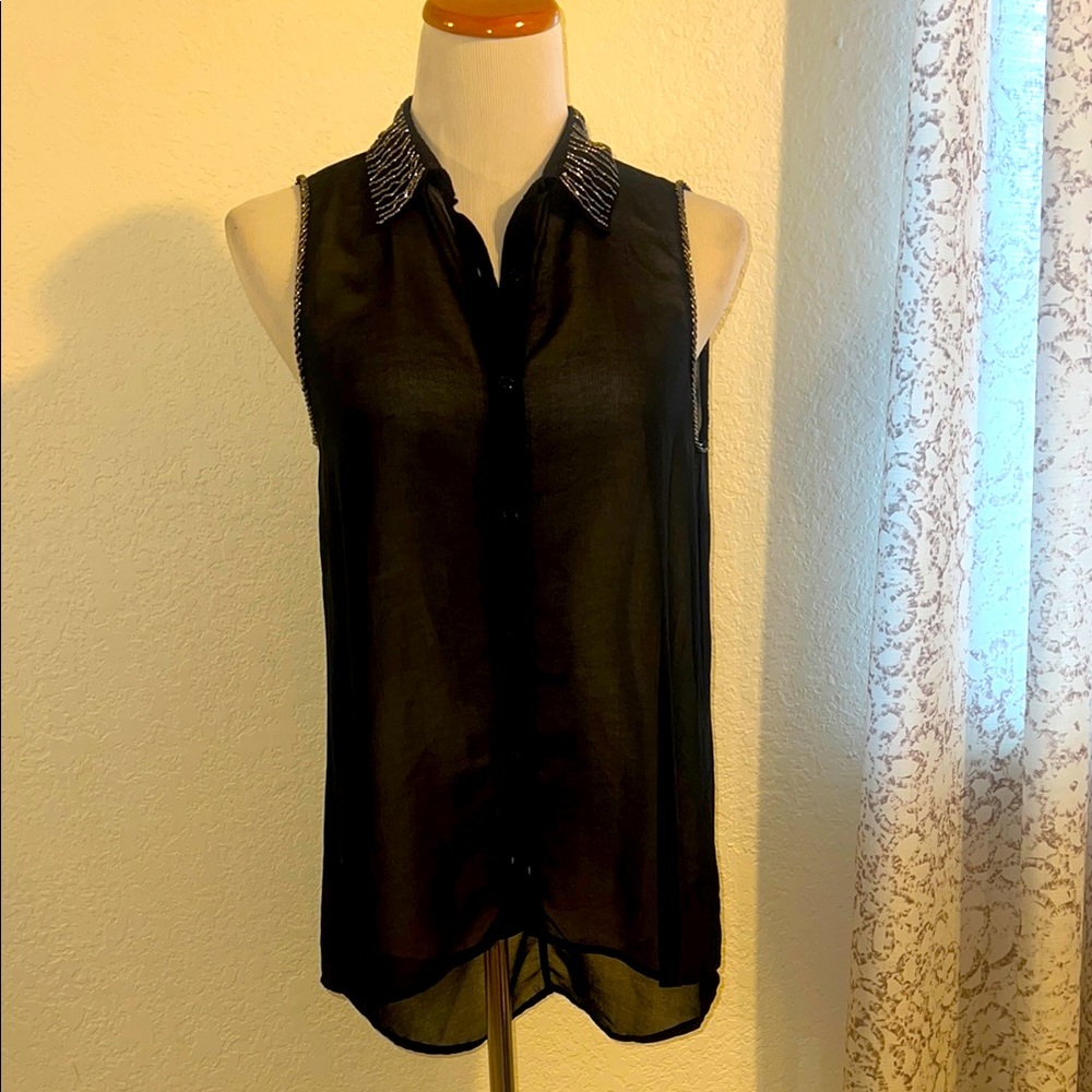 Black Sleeveless Top with Embellished Collar